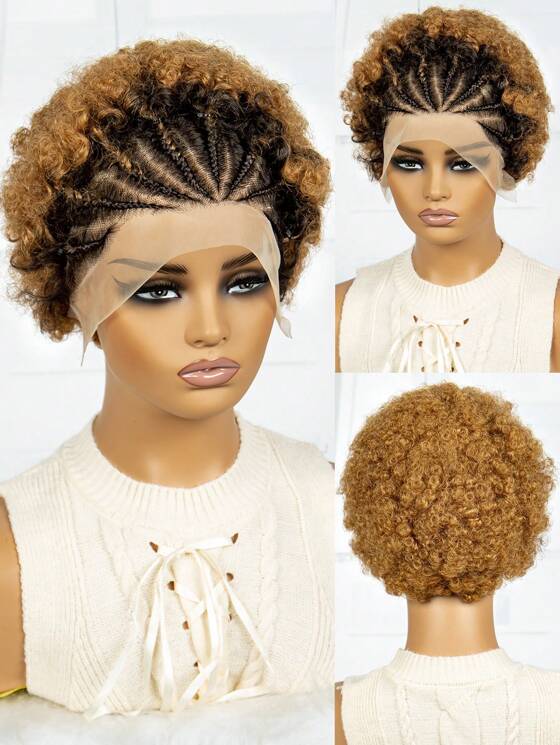 perruque lace frontale brésilienne afro kinky curly tressée color 1b/27 remy rawhair