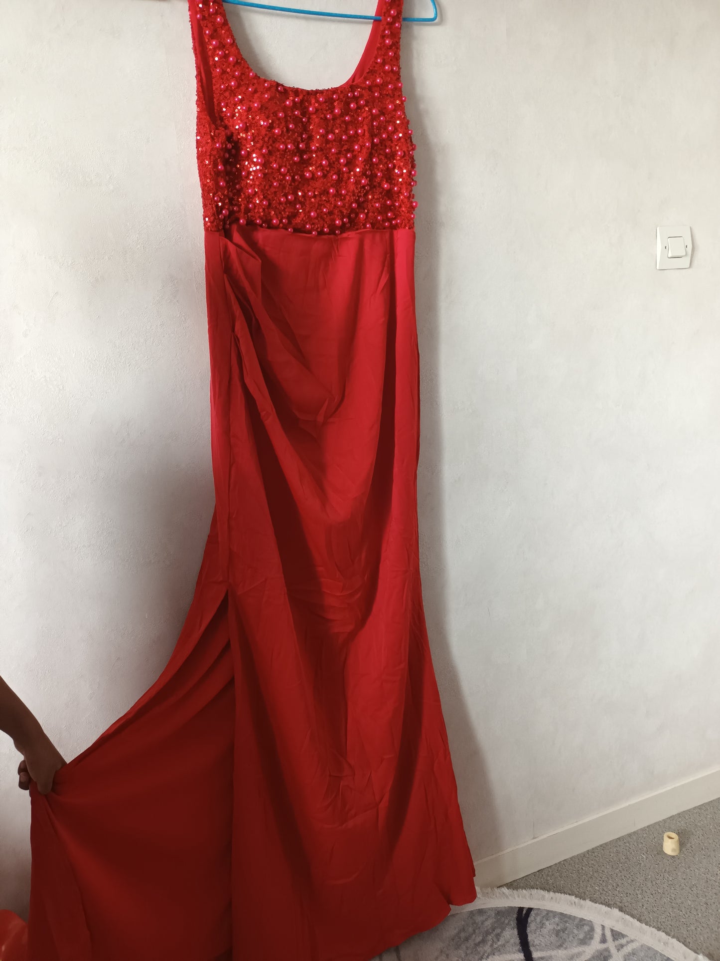 Robe de soirée femme , robe de mariage longue et élégante sans manche haut pailleté fente de coté
