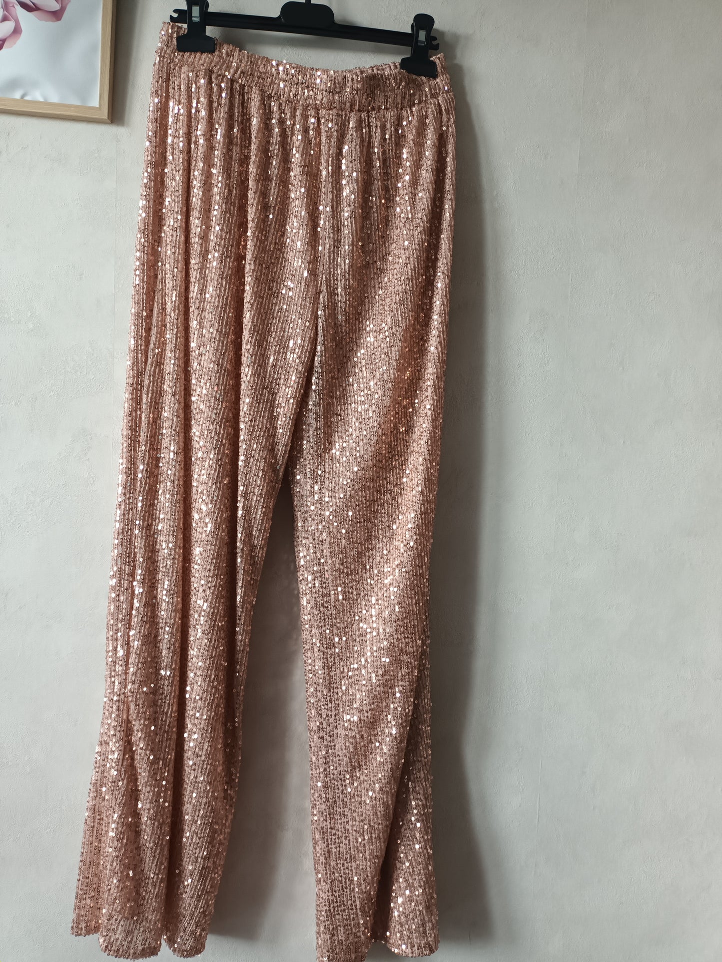 Marque Ensemble Paillette Pantalon et Top Femme pour Soirée Cérémonie Style Sequin Rose Taille S & L Fermeture Dos Haut Élastique Pantalon Évasé