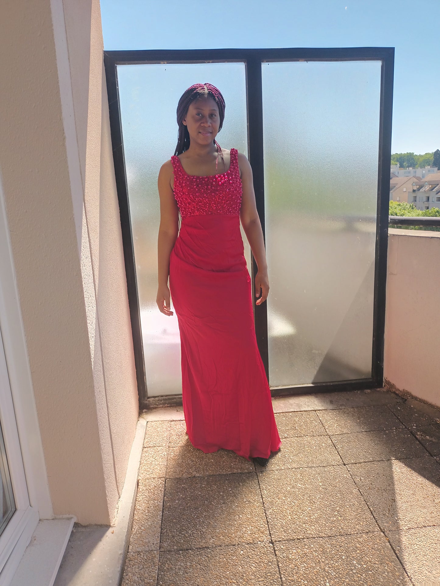 Robe de soirée femme , robe de mariage longue et élégante sans manche haut pailleté fente de coté