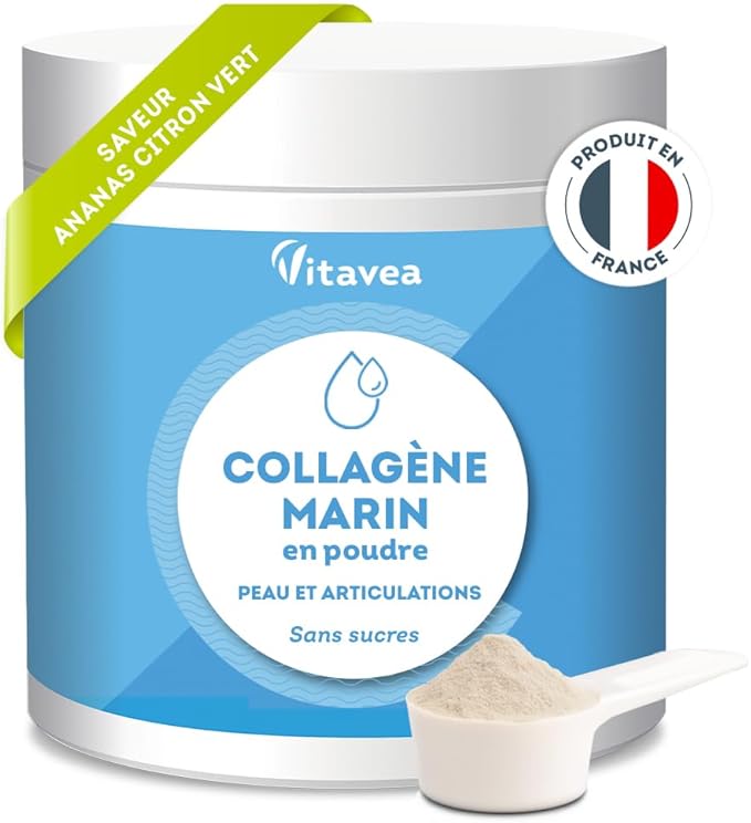 Collagène Marin Poudre 10 000mg - Peptides de Collagène Marin Hydrolysés Type 1 - Avec Vitamine C - Articulations, Peau, Anti-âge - Collagène Poudre Goût Ananas-Citron Vert - Sans sucre