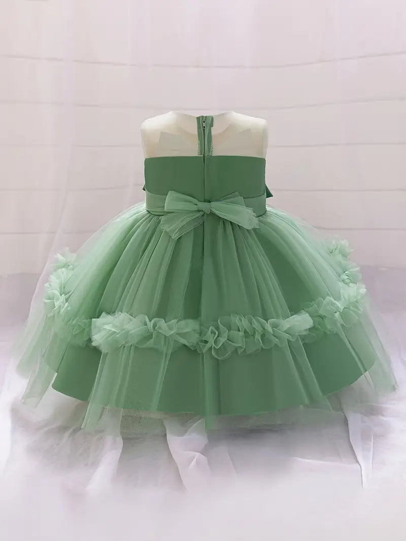 smaragdgrünes Tutu-Kleid für Mädchen im Prinzessinnenstil mit floraler Netzauflage, knielang, Tüllrock