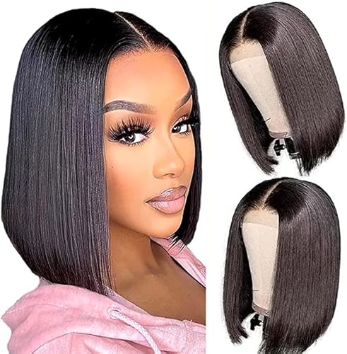 Brazilian Blonde Bob Closure Human Hair Wig, Color 1b, 12 Inches