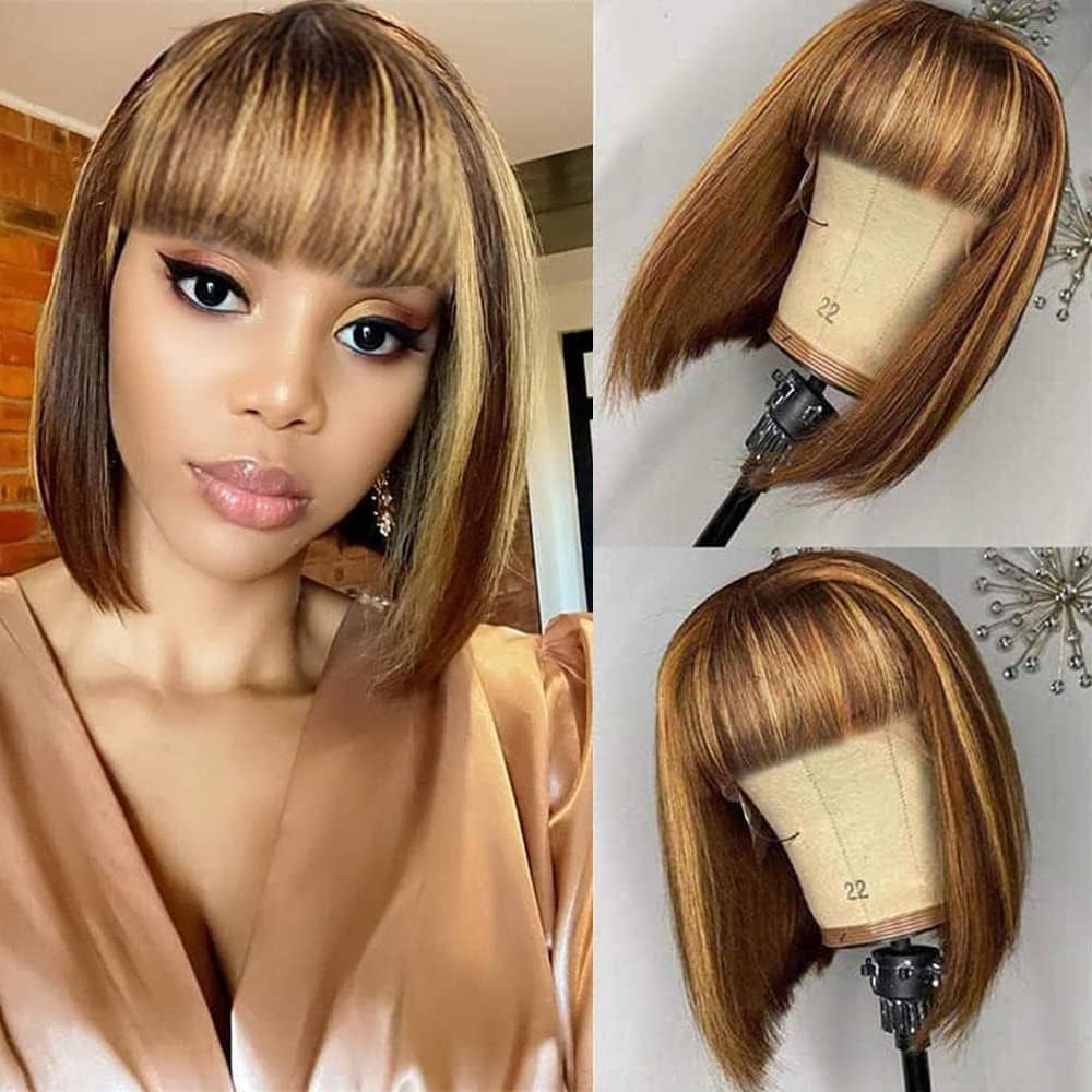 bob wig with bangs brazilian hair wig, color 1b, 1b/27 , honey blonde