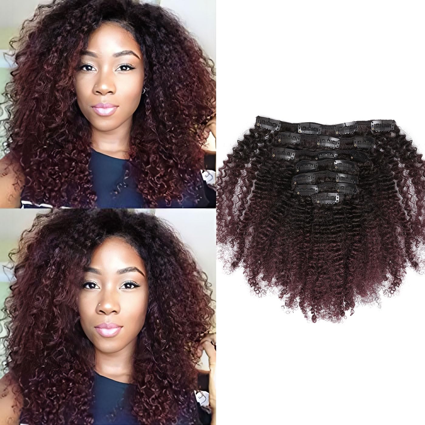 afro kinky curly clips in hair color 1b/99j extensions à clips cheveux 100% naturel couleur Bordeau