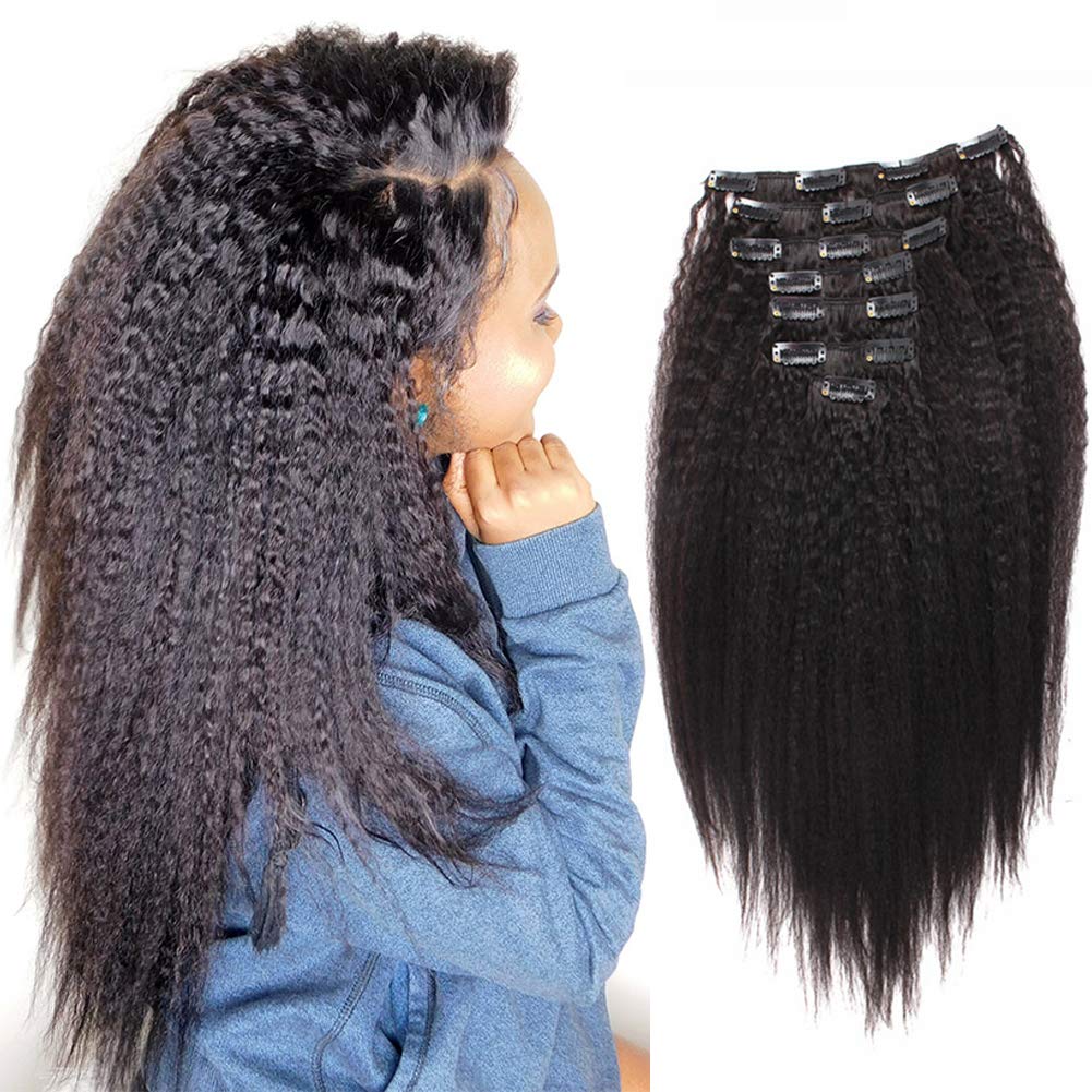 extensions à clips de type kinky straight style afro, mèches lisses avec clips cheveux 100% naturels