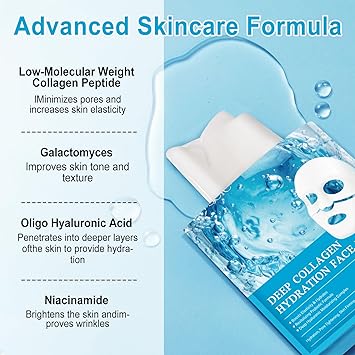 masque de visage bio au collagène, 4 pièces de masque bio korean, masque soluble, rajeunissant, hydratant et anti-âge