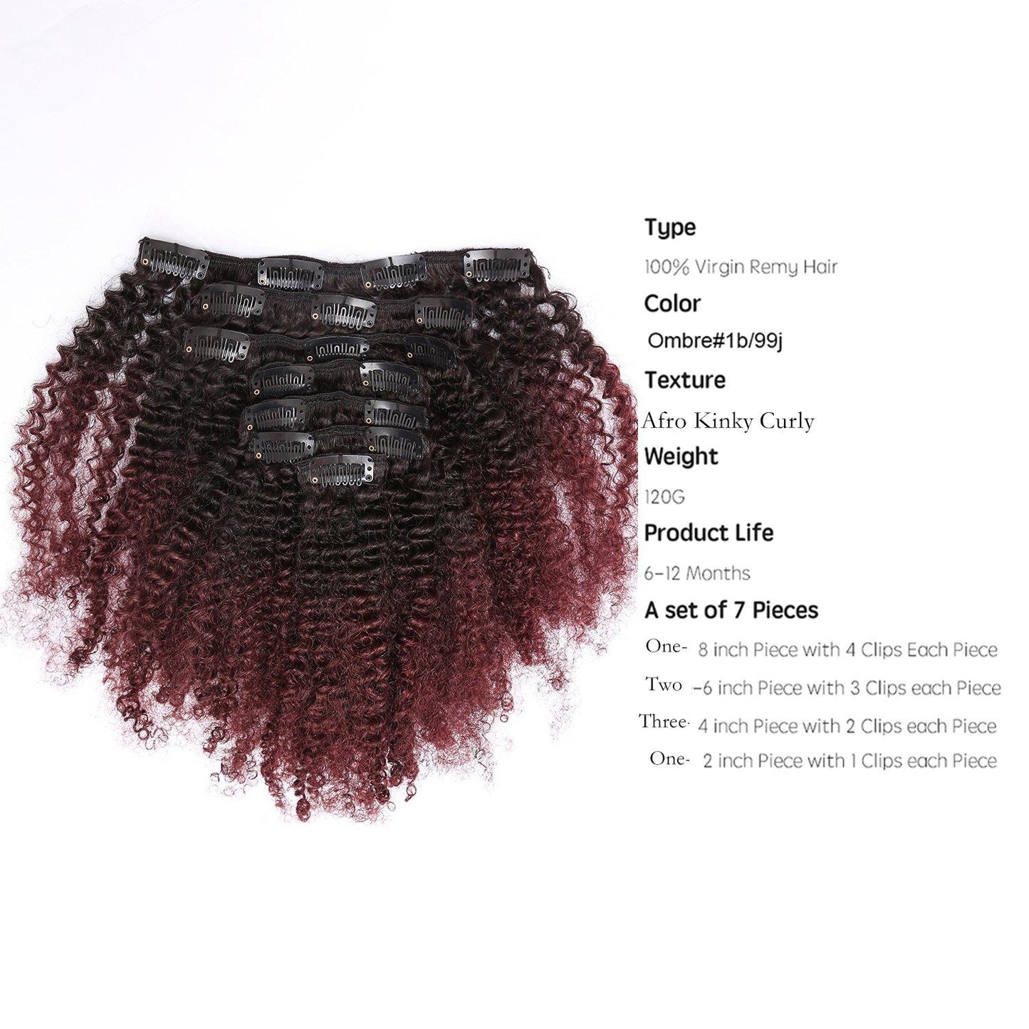 afro kinky curly clips in hair color 1b/99j extensions à clips cheveux 100% naturel couleur Bordeau