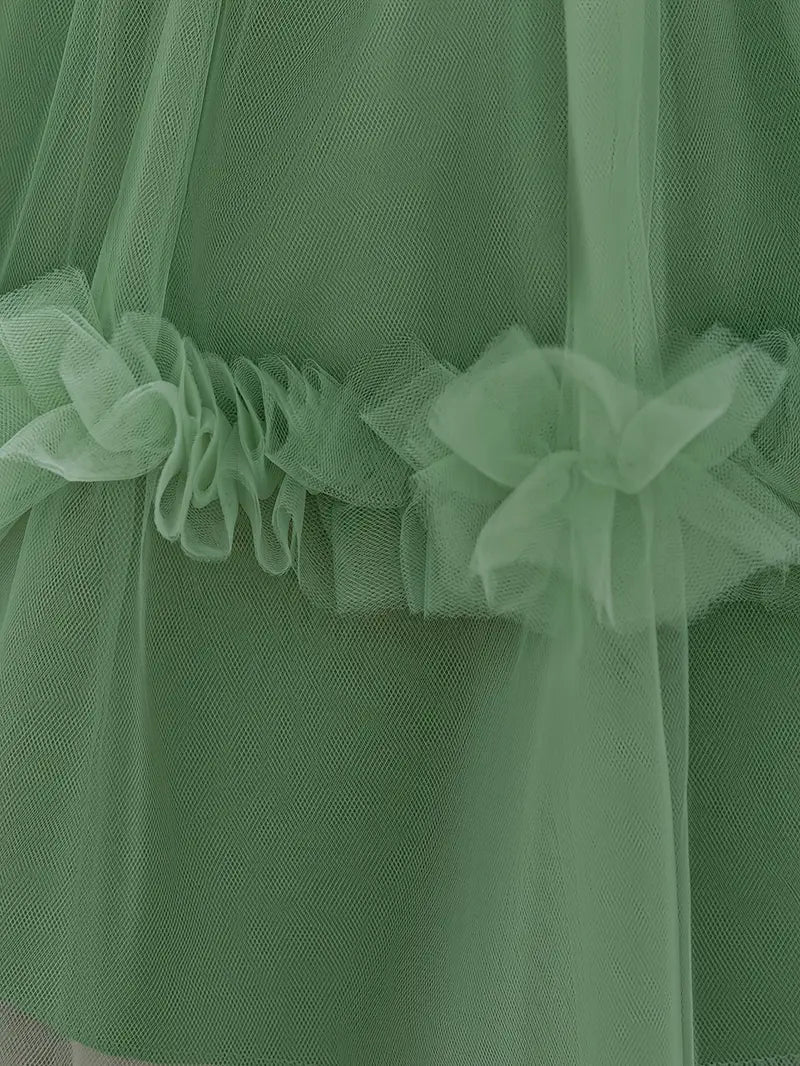 smaragdgrünes Tutu-Kleid für Mädchen im Prinzessinnenstil mit floraler Netzauflage, knielang, Tüllrock