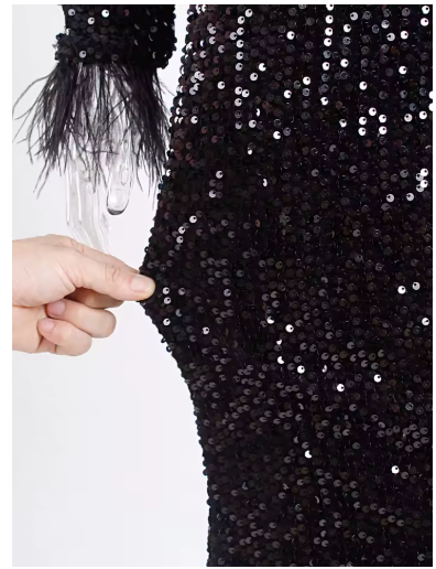 elegantes Abendkleid, schulterfrei, Federn; schwarze Pailletten, Hochzeitskleid für Frauen