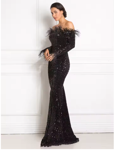 elegantes Abendkleid, schulterfrei, Federn; schwarze Pailletten, Hochzeitskleid für Frauen