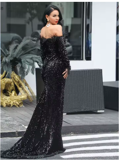 elegantes Abendkleid, schulterfrei, Federn; schwarze Pailletten, Hochzeitskleid für Frauen