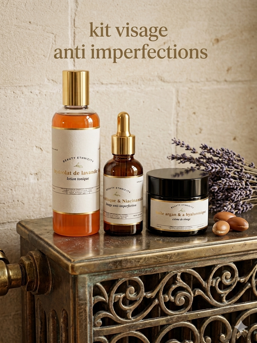 kit visage anti imperfection lotion tonique à l'hydrolat de lavande , sérum anti-imperfections et crème visage à l'huile d'argan