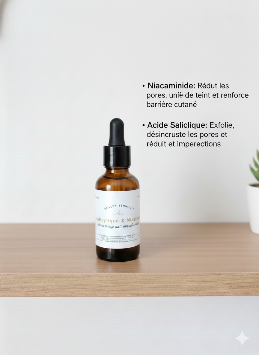 sérum anti-imperfection à l'acide salicylique et niacinamide pour combattre l'acné, atténuer les points points et réduire l'excès de sébum