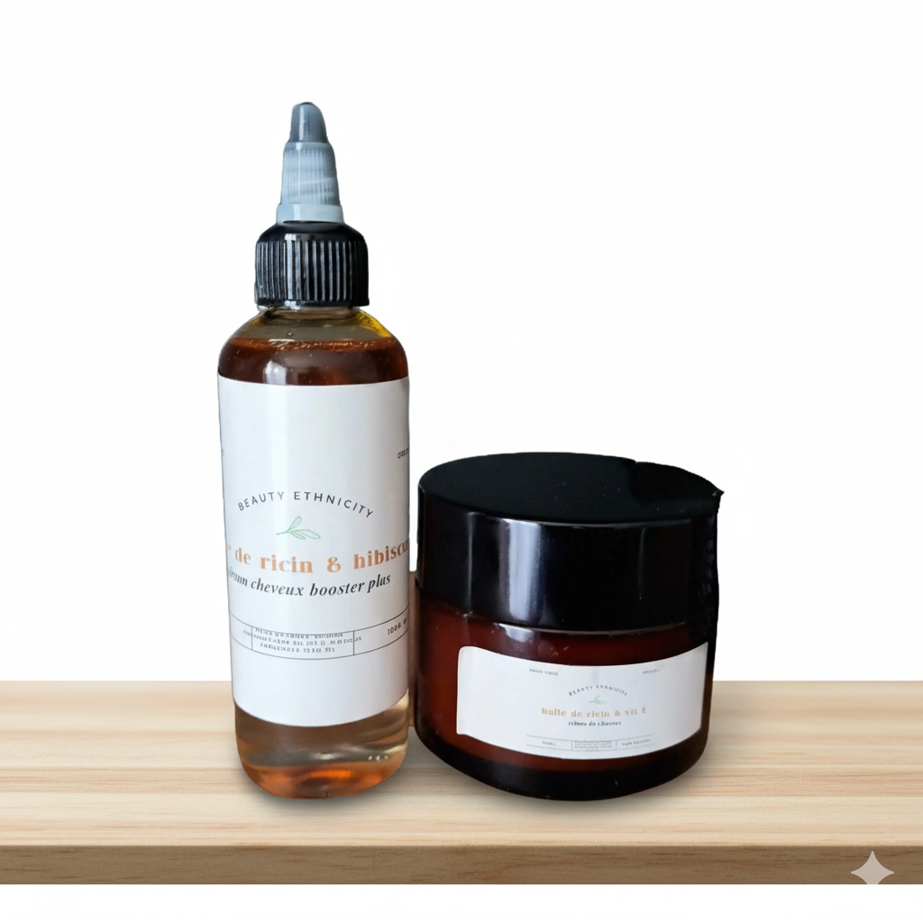 duo parfait pour l'extrême pousse de vos cheveux ; le sérum plus crème capillaire à base l'huile de ricin et romarin et vit E