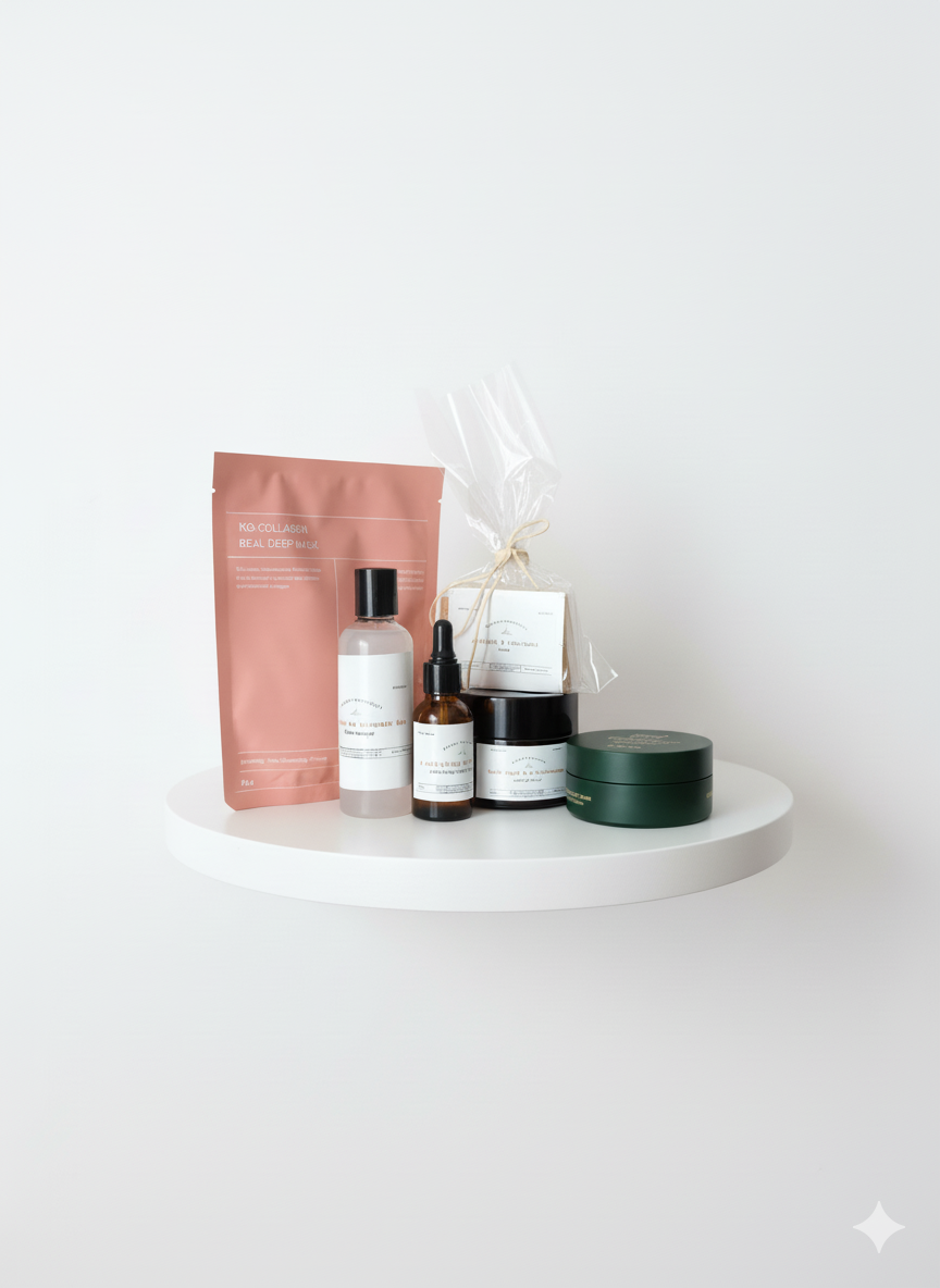 kit visage complet pour un visage sans imperfection composé de l'acide salicylique, hyaluronique, niacinamide, savon au curcuma ainsi que du masque visage au collagène