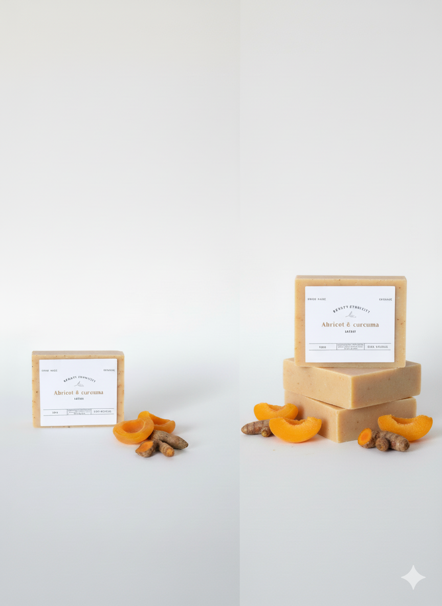 Marque Savon Nettoyant & Exfoliant 100% Organique à Base de Poudre d'abricot Curcuma et Huile d'Olive Sans Parfum Sans Sulfate 120g