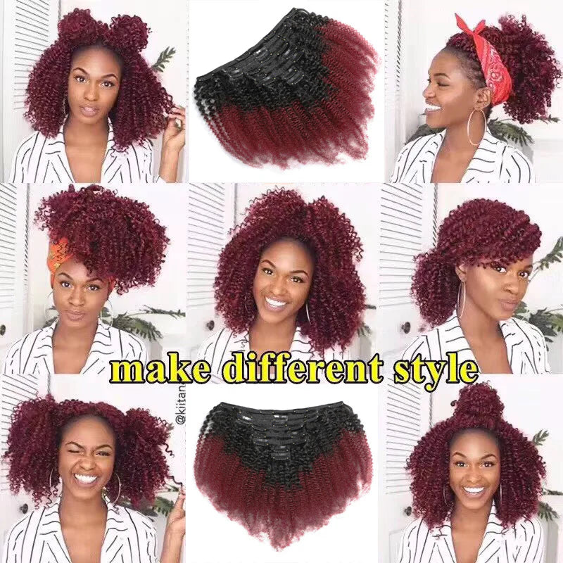 afro kinky curly clips in hair color 1b/99j extensions à clips cheveux 100% naturel couleur Bordeau