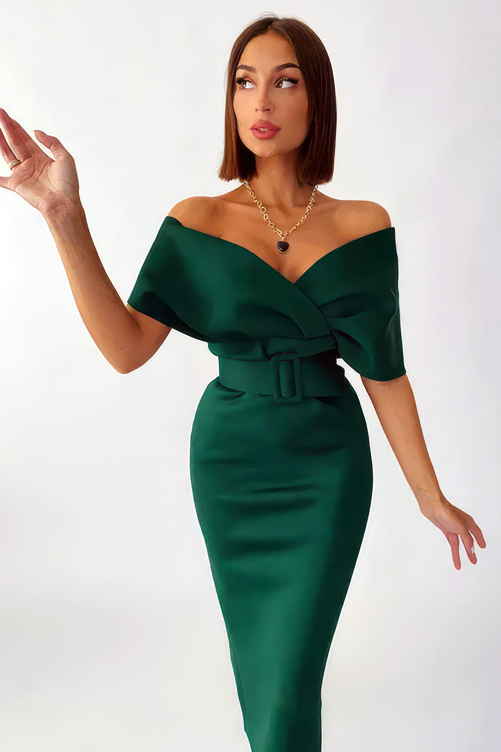 robe de soirée femme, robe cocktail élégante bandeau moulante mi longue col V