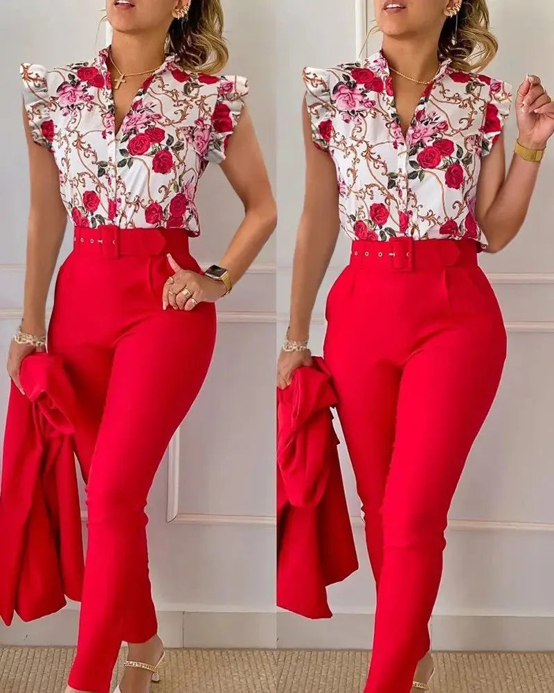 Ensemble pantalon taille haute à imprimé floral pour femme, manches en feuille de lotus, ceinture à la taille, ensemble deux pièces à col en V pour femme, ensemble de costume de travail