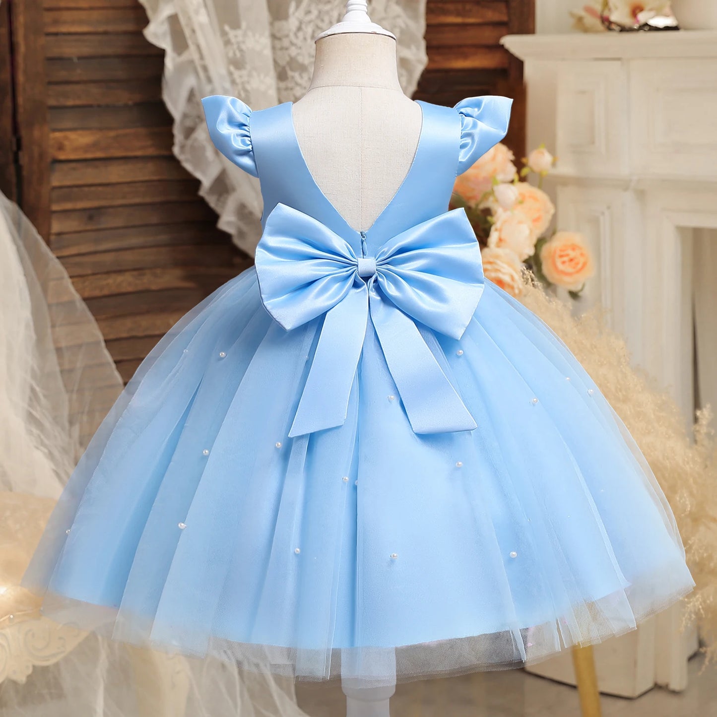 Toddler Girl Red Christmas Princess Dress Cute Baby Girl 1st Birthday Party Tutu Gown Newborn Backless Bow Beading Xmas Costume