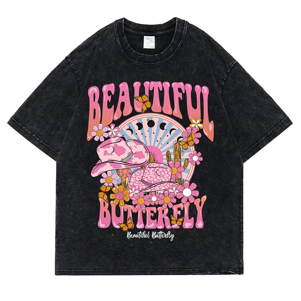 T-shirt ample en coton à manches courtes pour femmes,hommes, vêtement rétro délavé, motif monde magnifique et brillant