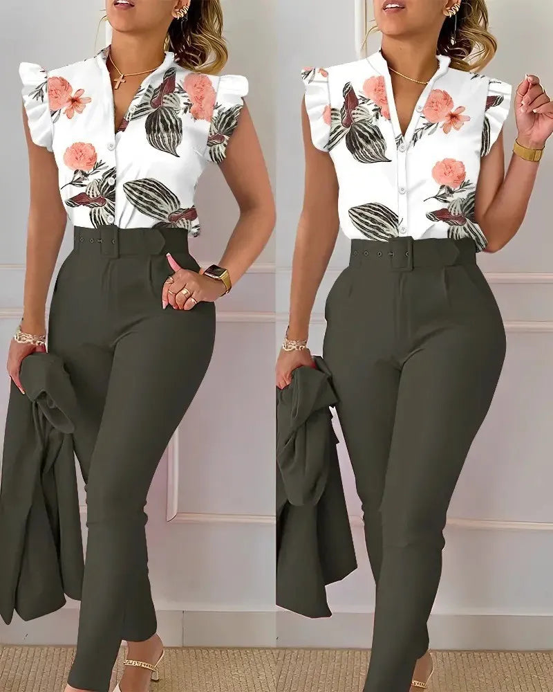 Ensemble pantalon taille haute à imprimé floral pour femme, manches en feuille de lotus, ceinture à la taille, ensemble deux pièces à col en V pour femme, ensemble de costume de travail