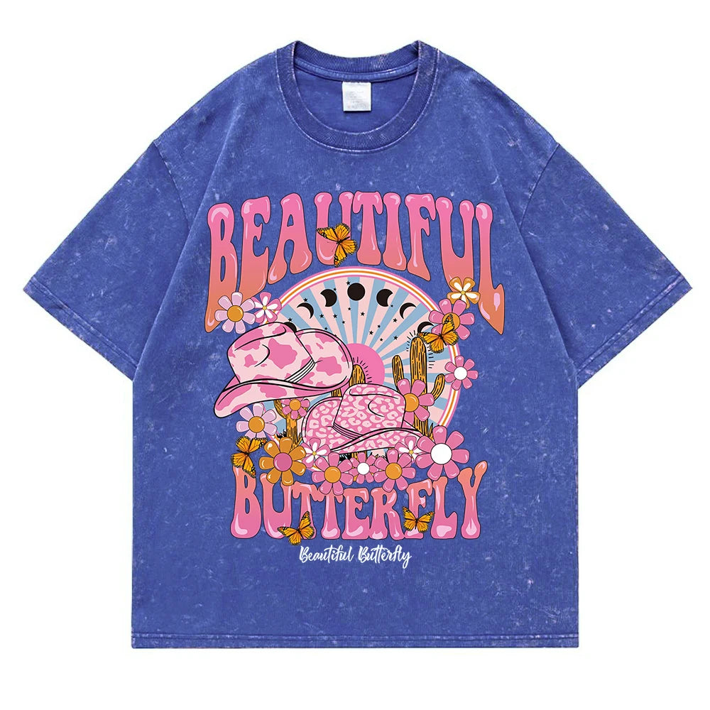 T-shirt ample en coton à manches courtes pour femmes,hommes, vêtement rétro délavé, motif monde magnifique et brillant