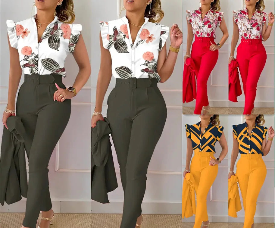 Ensemble pantalon taille haute à imprimé floral pour femme, manches en feuille de lotus, ceinture à la taille, ensemble deux pièces à col en V pour femme, ensemble de costume de travail