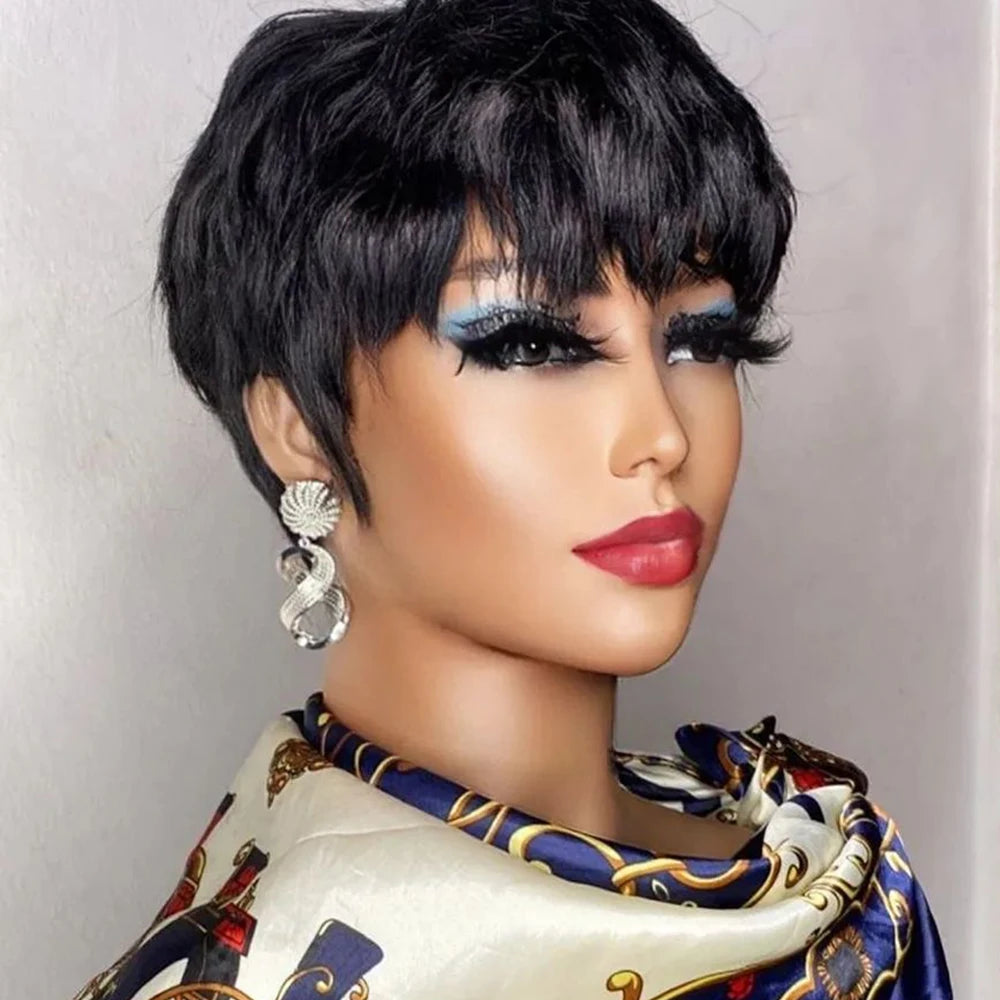 Perruque courte brune coupe Pixie, cheveux humains pour femmes noires, perruques fabriquées à la machine avec frange, perruque brésilienne colorée, perruques en cheveux humains