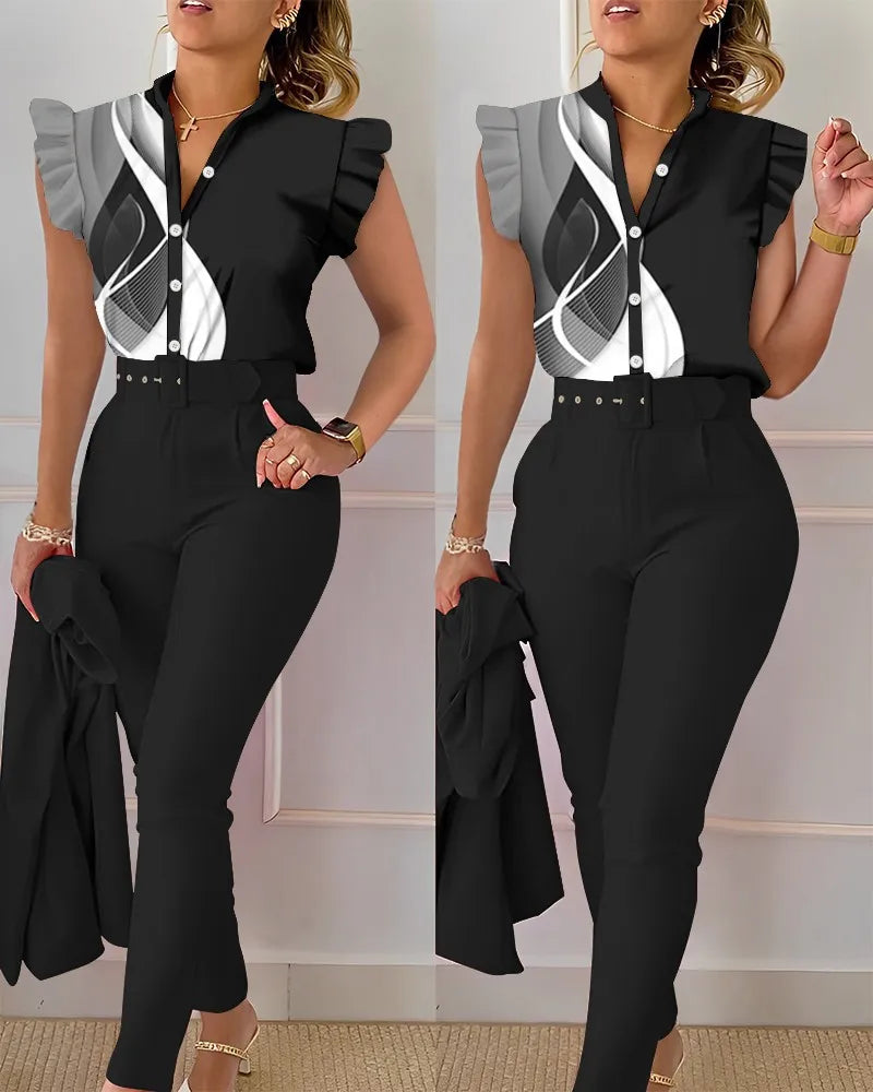 Ensemble pantalon taille haute à imprimé floral pour femme, manches en feuille de lotus, ceinture à la taille, ensemble deux pièces à col en V pour femme, ensemble de costume de travail