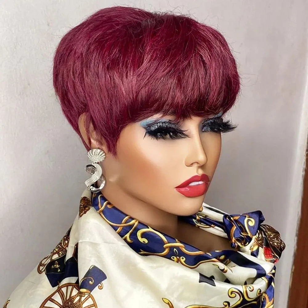 Perruque courte brune coupe Pixie, cheveux humains pour femmes noires, perruques fabriquées à la machine avec frange, perruque brésilienne colorée, perruques en cheveux humains