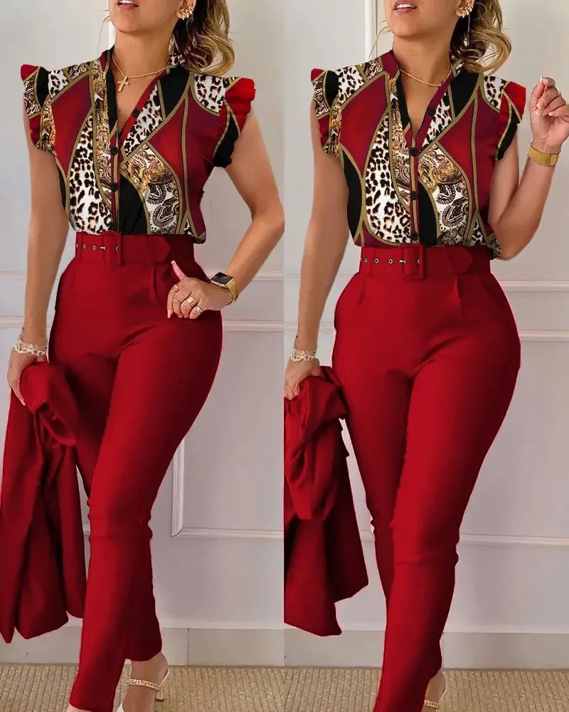 Ensemble pantalon taille haute à imprimé floral pour femme, manches en feuille de lotus, ceinture à la taille, ensemble deux pièces à col en V pour femme, ensemble de costume de travail