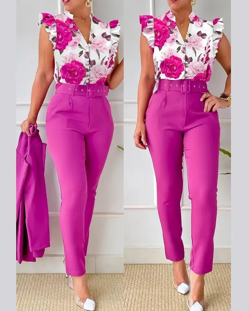 Ensemble pantalon taille haute à imprimé floral pour femme, manches en feuille de lotus, ceinture à la taille, ensemble deux pièces à col en V pour femme, ensemble de costume de travail