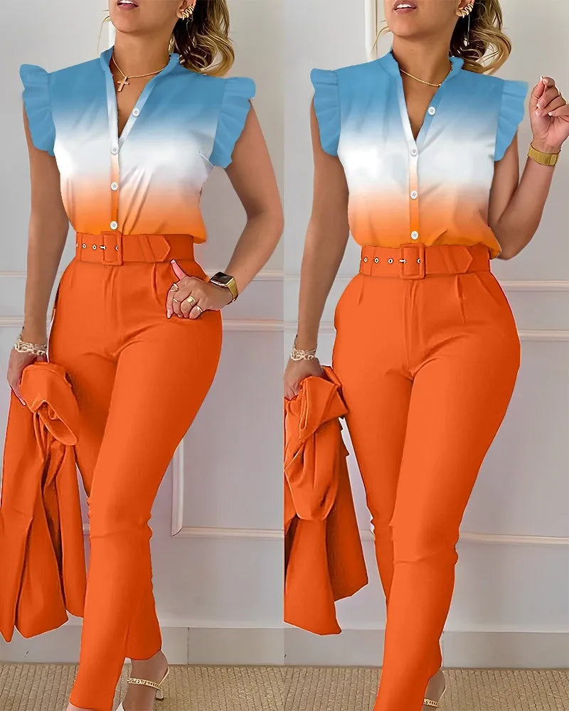 Ensemble pantalon taille haute à imprimé floral pour femme, manches en feuille de lotus, ceinture à la taille, ensemble deux pièces à col en V pour femme, ensemble de costume de travail