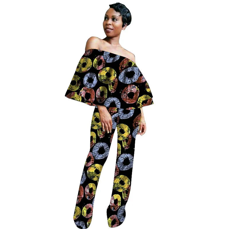 Ensembles de pantalons pour femmes à la mode africaine, hauts à épaules dénudées, imprimés Ankara, pantalons droits, tenues Ankara pour femmes