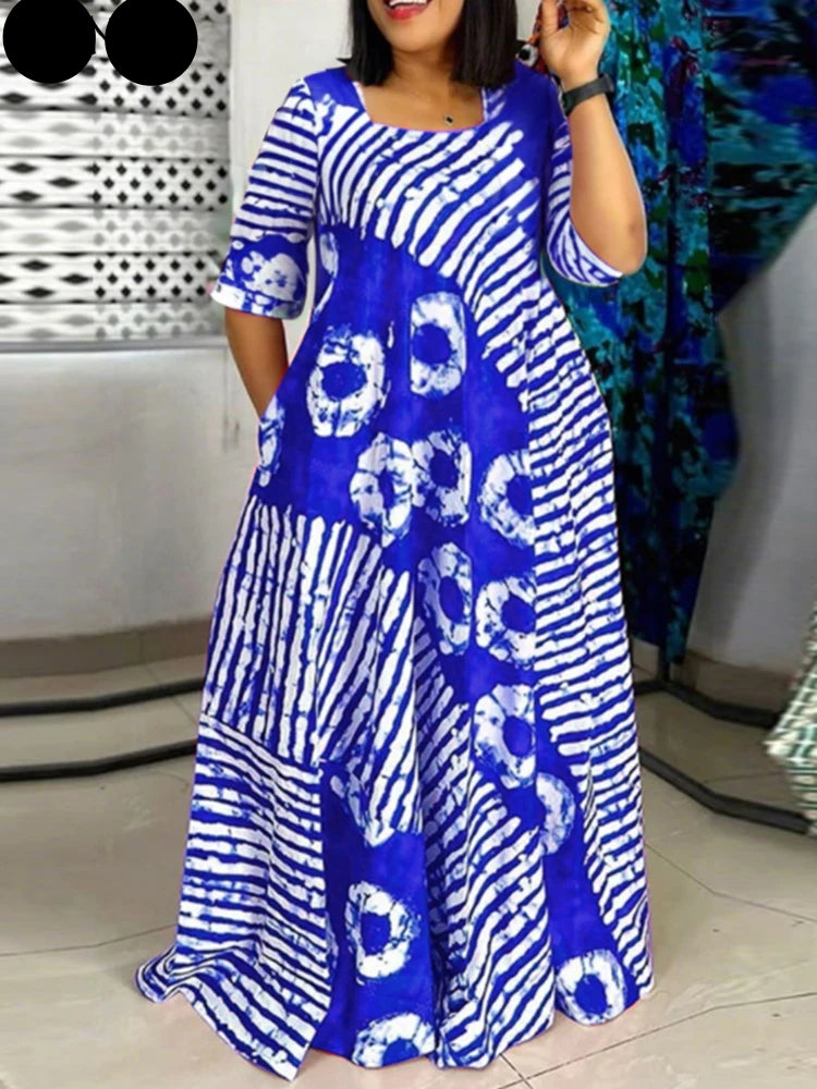 Robe longue d’été grande taille pour femme, tenue de soirée, style bohème, imprimée, style plage, manches mi-longues, décontractée, ample, 2025