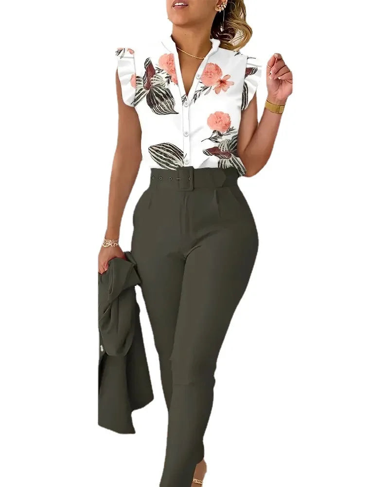 Ensemble pantalon taille haute à imprimé floral pour femme, manches en feuille de lotus, ceinture à la taille, ensemble deux pièces à col en V pour femme, ensemble de costume de travail