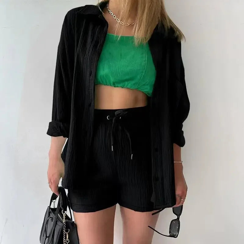 Ensemble deux pièces décontracté à manches longues et short pour femme en coton, tenue tendance à boutons, couleur unie et plissée, collection été