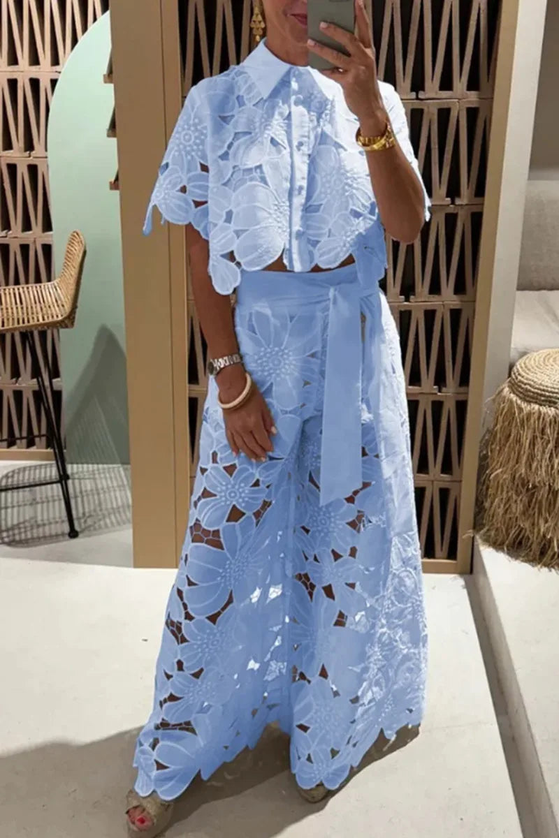 Ensemble 2 pièces sexy à revers et pantalon large pour femme, couleur unie, élégant, décontracté, ajouré