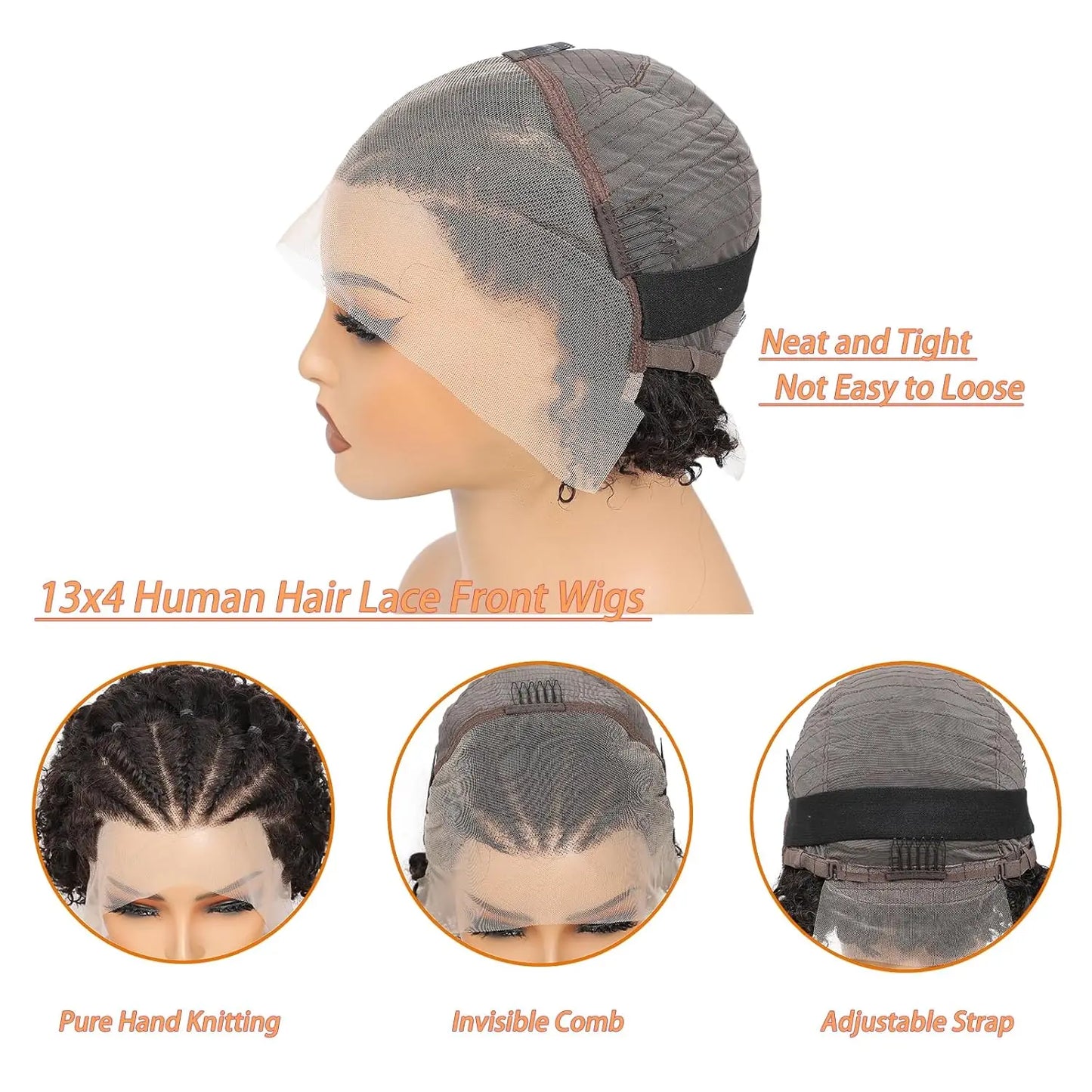 Perruques Afro Kinky Curly Braid Cheveux Humains 13x4 HD Lace Front Sans Colle Coupe Pixie Pré-Fabriquée Tressée Cornrow Perruque Afro Puff Pour Femmes