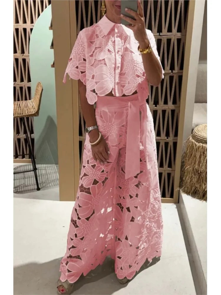 Ensemble 2 pièces sexy à revers et pantalon large pour femme, couleur unie, élégant, décontracté, ajouré