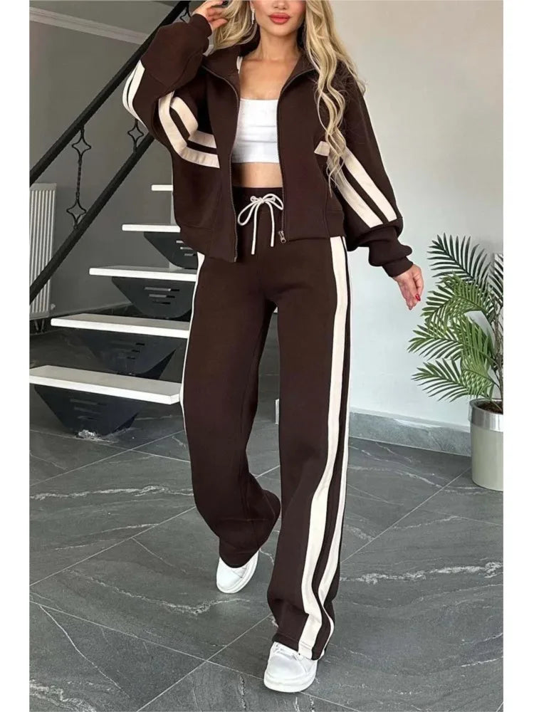 Ensemble deux pièces pour femme, haut rayé à fermeture éclair, veste, cordon de serrage, pantalon large, tenue de sport décontractée, printemps et été