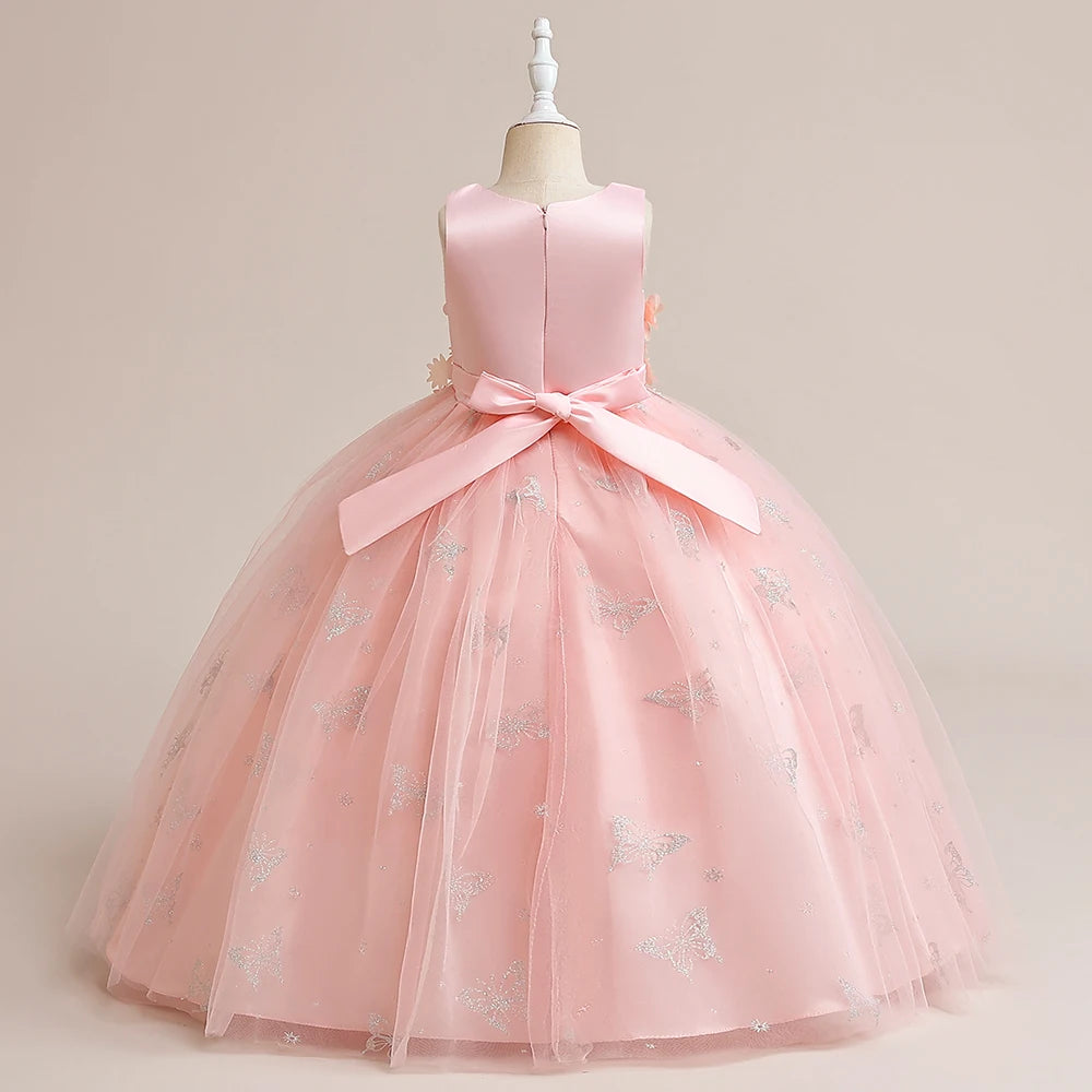 2023 Summer Flower Girls Dress Pink Long Bridesmaid Dresses For Girl Children Princess Clothes Kids Ceremony Wedding Party Dress
