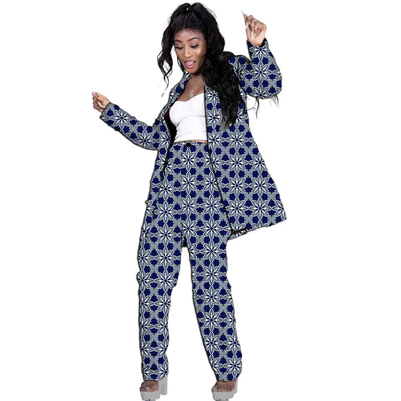Blazers allongés style Ankara pour femmes avec pantalon, costumes de mariage/fête sur mesure, design original, imprimé africain, tenues féminines