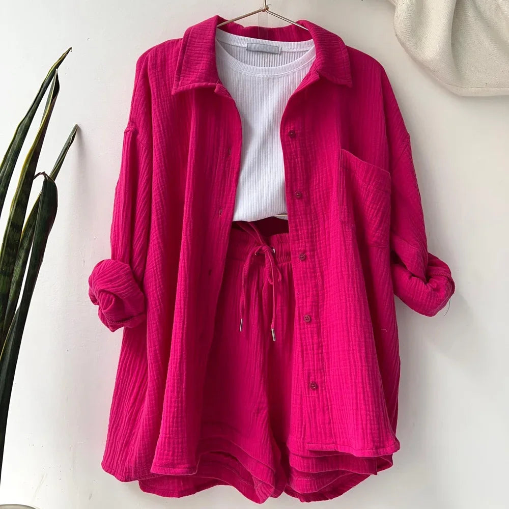 Ensemble deux pièces décontracté à manches longues et short pour femme en coton, tenue tendance à boutons, couleur unie et plissée, collection été