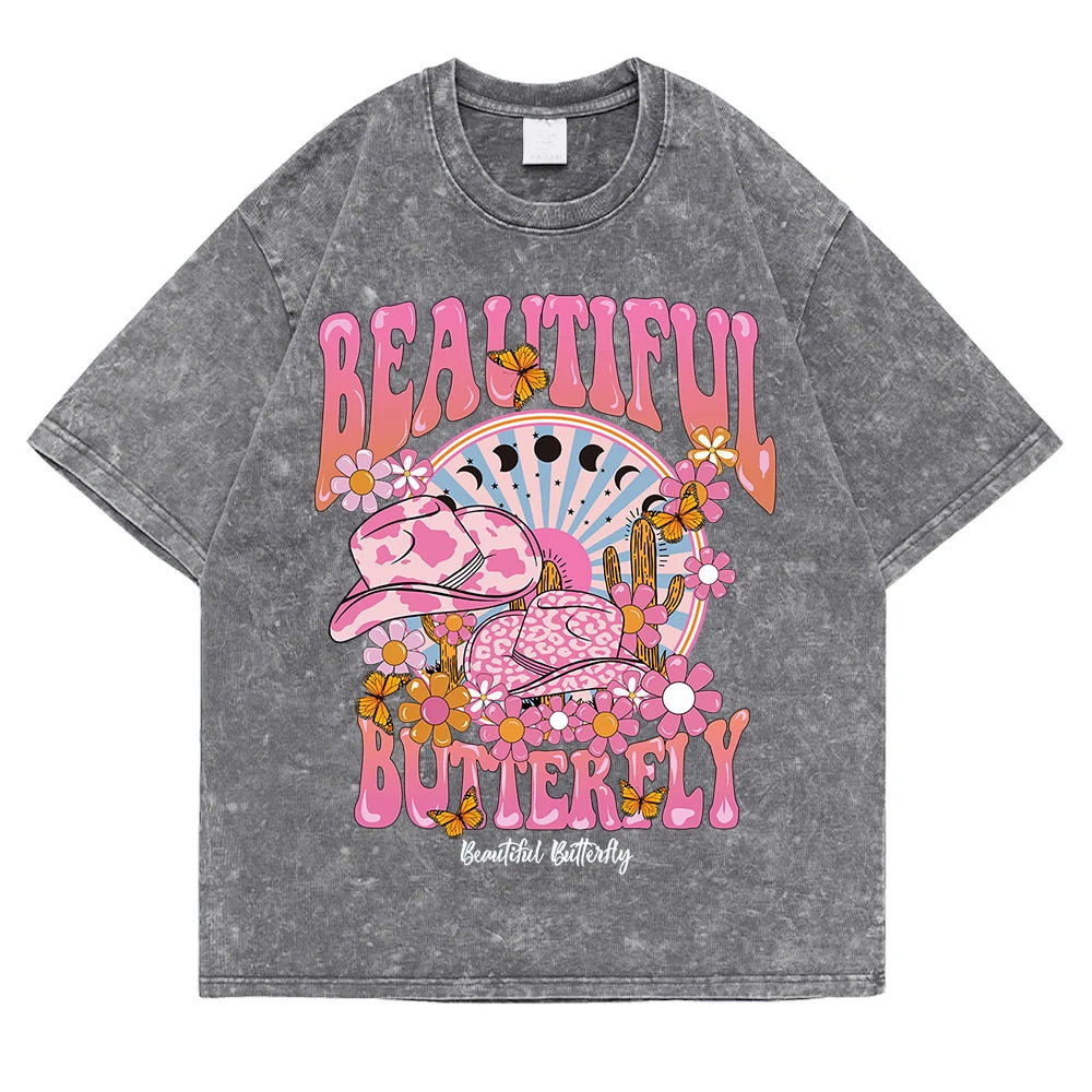 T-shirt ample en coton à manches courtes pour femmes,hommes, vêtement rétro délavé, motif monde magnifique et brillant