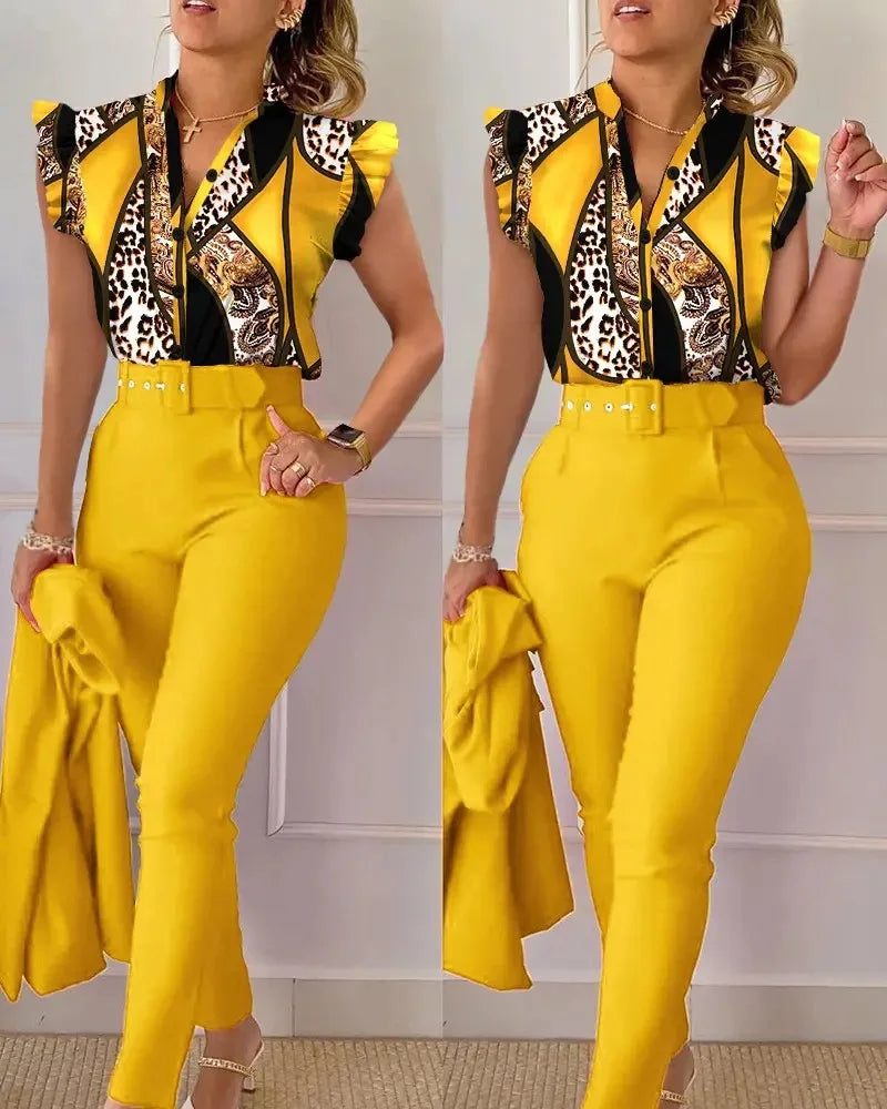 Ensemble pantalon taille haute à imprimé floral pour femme, manches en feuille de lotus, ceinture à la taille, ensemble deux pièces à col en V pour femme, ensemble de costume de travail