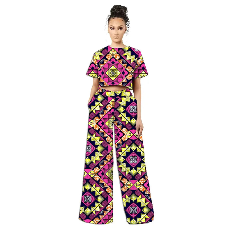 Costumes africains originaux de style rétro pour femmes, mini-hauts et pantalons larges à imprimé tissu africain, ankara style, tenue tendance pour dames, sur mesure