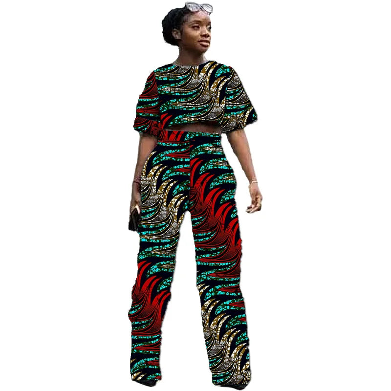 Costumes deux pièces tissu africains wax originaux pour femmes, mini-hauts et pantalons droits, tenue de soirée rétro, tenues de mariage pour dames